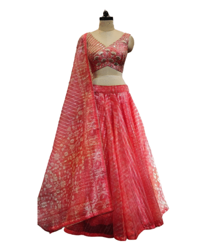 Coral Pink Printed Tissue Lehenga