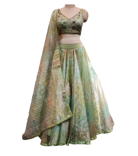 Olive Green Printed Tissue Lehenga