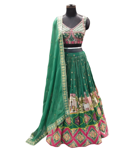 Emerald Green Crepe Tissue  Lehenga