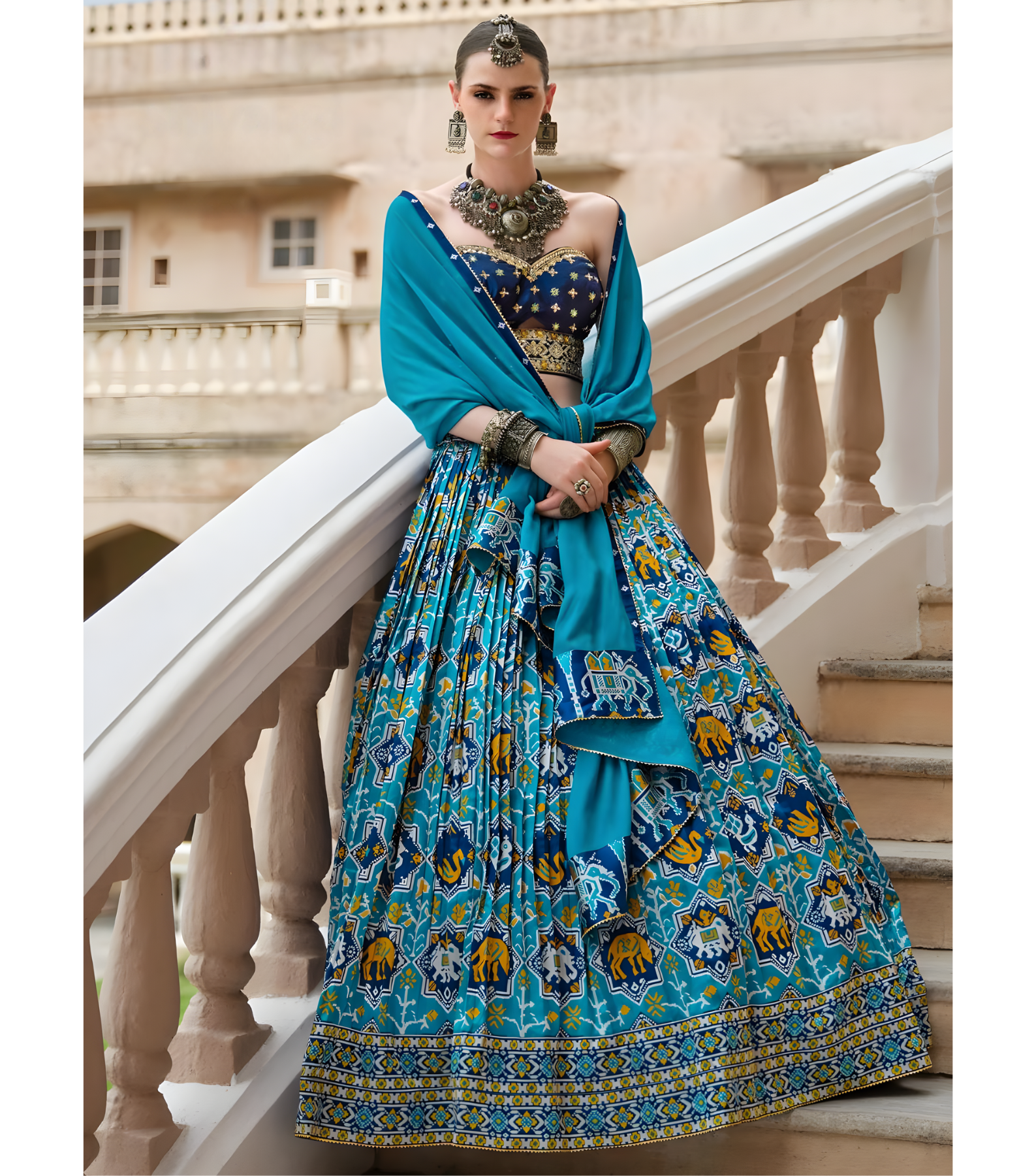 Blue Multi Color Digital Print Lehenga