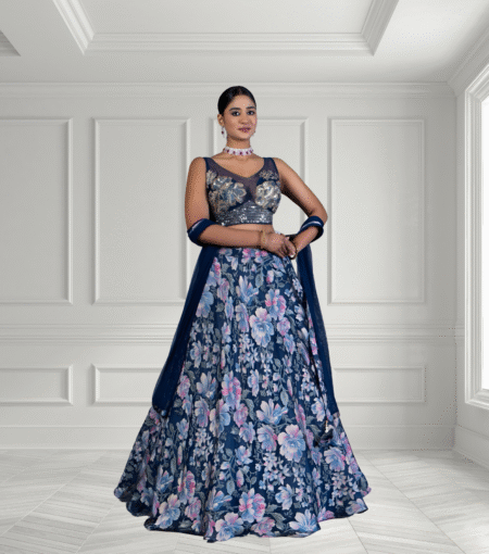 Navy Blue Digital Print Lehenga