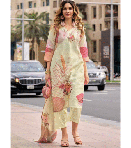 Schiffli Work on Pink Floral Kurti Set