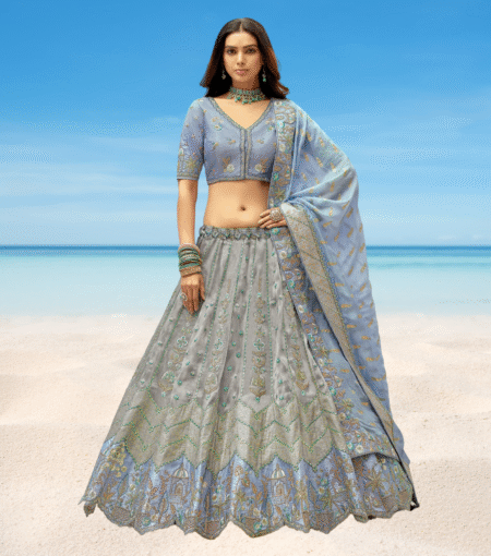 Grey Blue Silk Lehenga With Cutwork Border