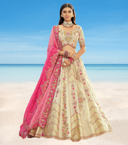 Offwhite Pink Silk Lehenga With Cutwork Border