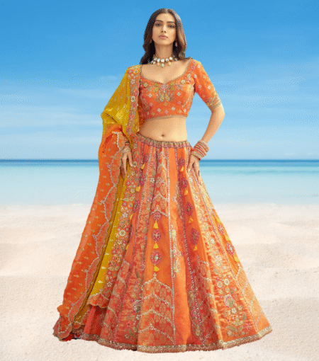 Orange Silk Lehenga With Cutwork Border