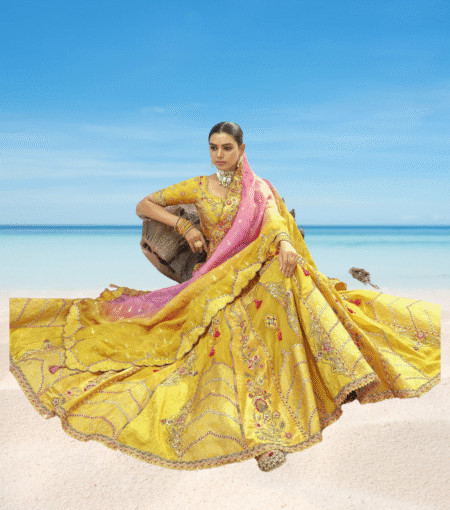 Golden Yellow Silk Lehenga With Cutwork Border