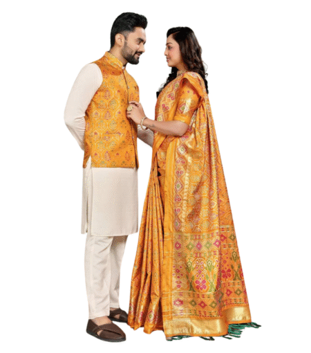 Yellow Combo of Men's Kurta Koti and Saree