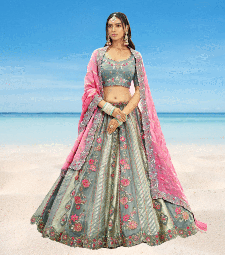 Grey Pink Silk Lehenga With Cutwork Border