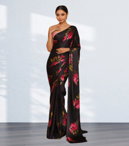 Black Satin Silk Saree Floral Print