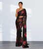 Black Satin Silk Saree Floral Print