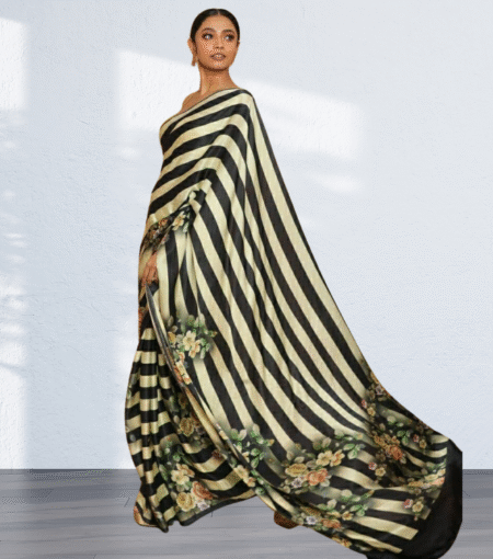 Black Satin Silk Saree with Strips