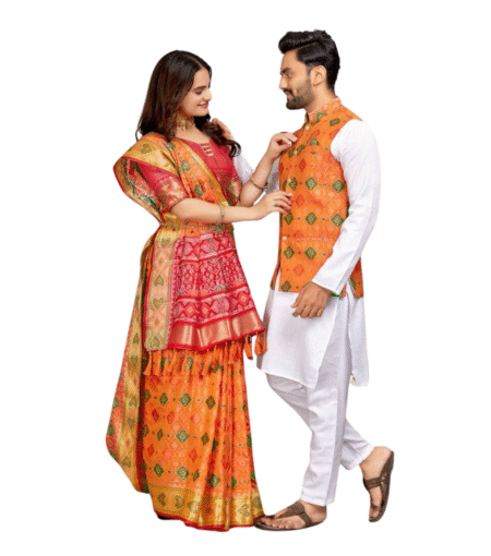 Yellow Red Combo of Men's Kurta Koti and Saree