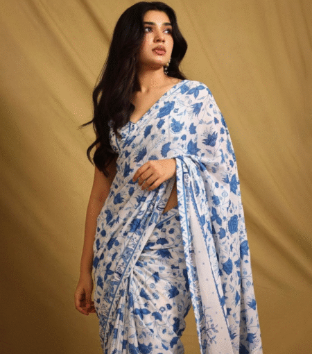 White Georgette Floral Saree