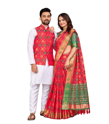 Red Combo of Men's Kurta Koti and Saree