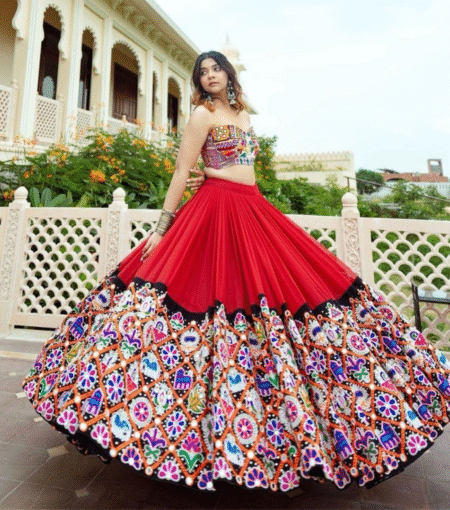Red Muslin Cotton Lehenga With Fancy Digital Print
