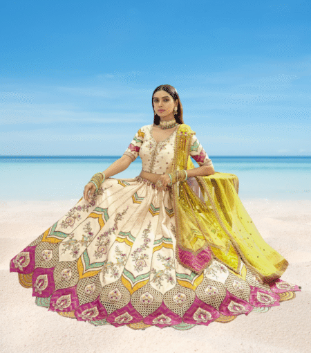 Multi Color Silk Lehenga With Cutwork Border
