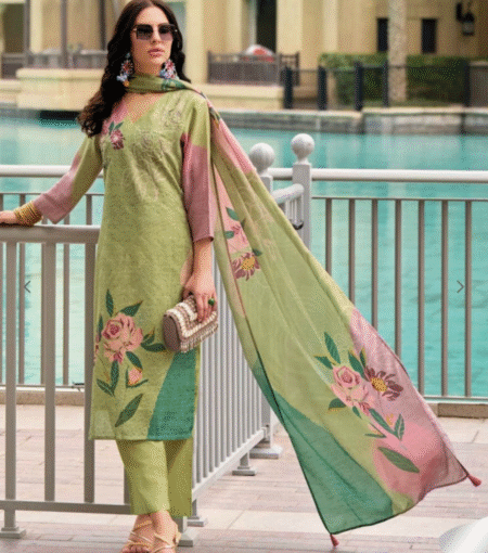 Schiffli Work on Olive Green Kurti Set