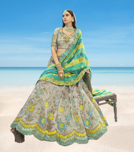 Green Silk Lehenga With Cutwork Border