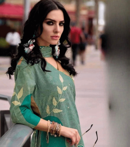 Schiffli Work on Green Kurti Set