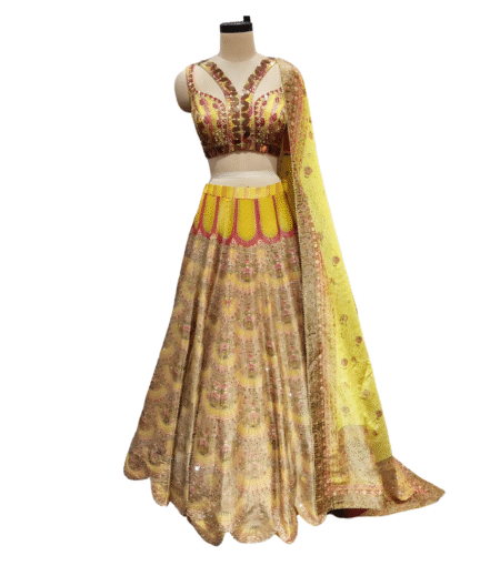 Yellow Red Printed jaquard Lehenga