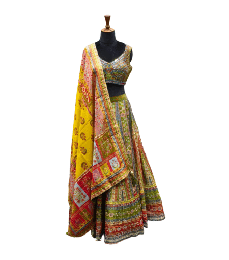Green Yellow Printed jaquard Lehenga