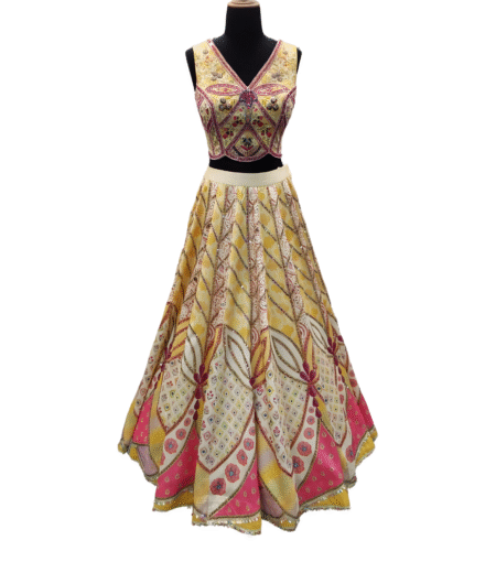 Yellow Pink Printed jaquard Lehenga