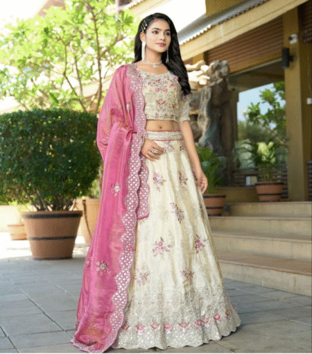 Offwhite Semi Stitched Jacquard Lehenga