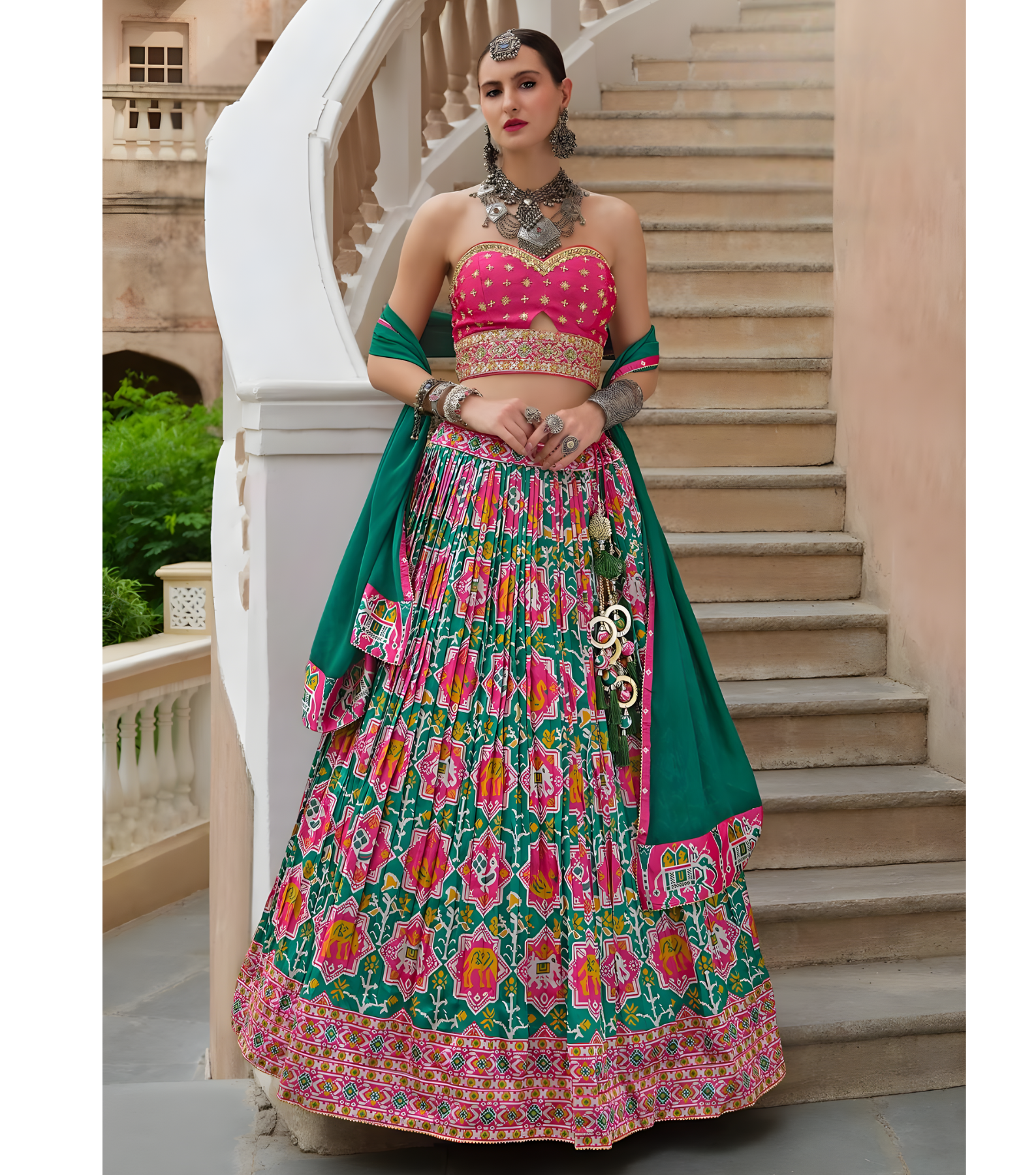 GREEN PINK PRINTED LEHENGA